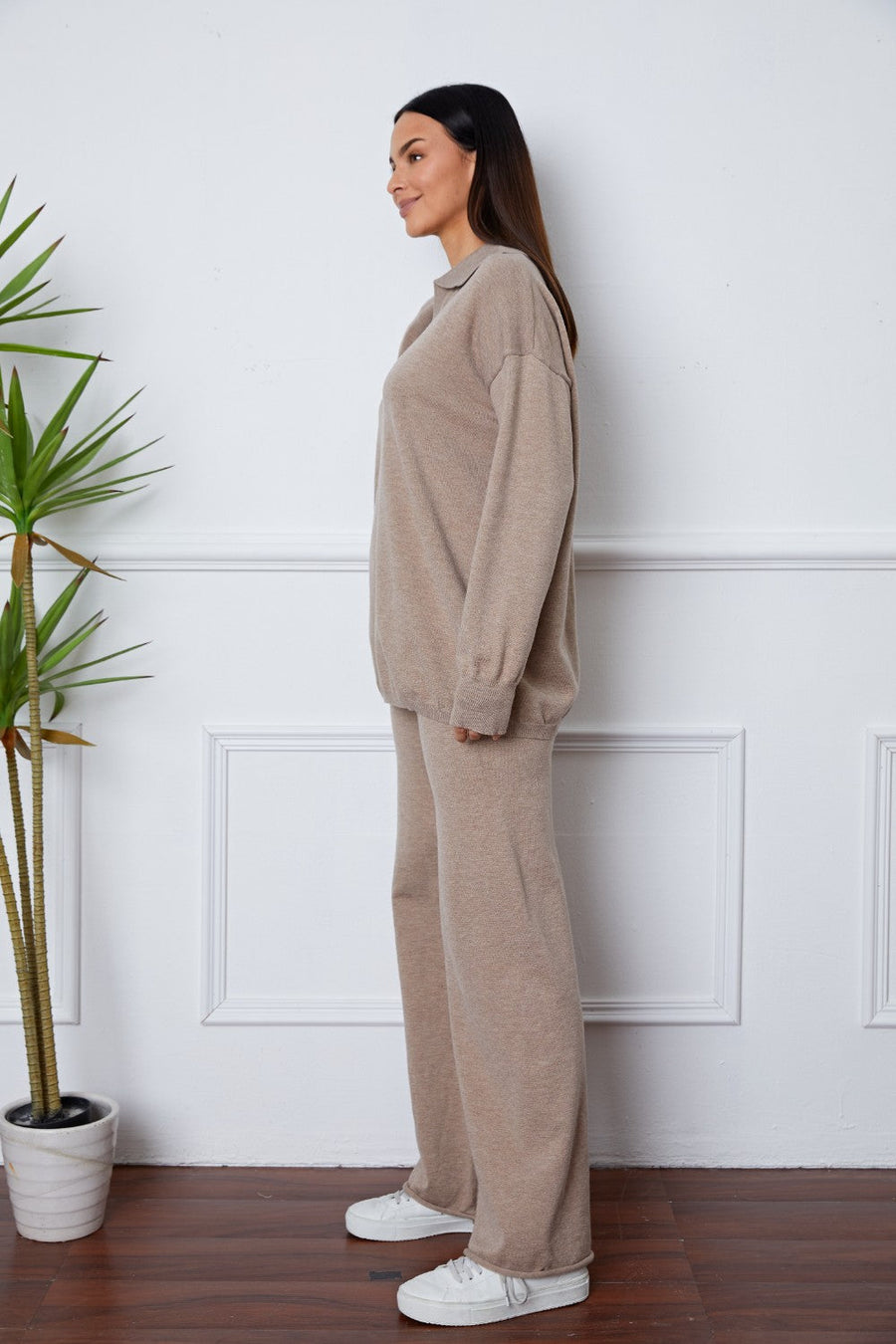 Relaxed knit polo co-ord set in Khaki, featuring a collared neckline and long sleeves.