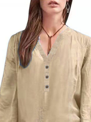 Apricot long-sleeve blouse with V-neck and button detail