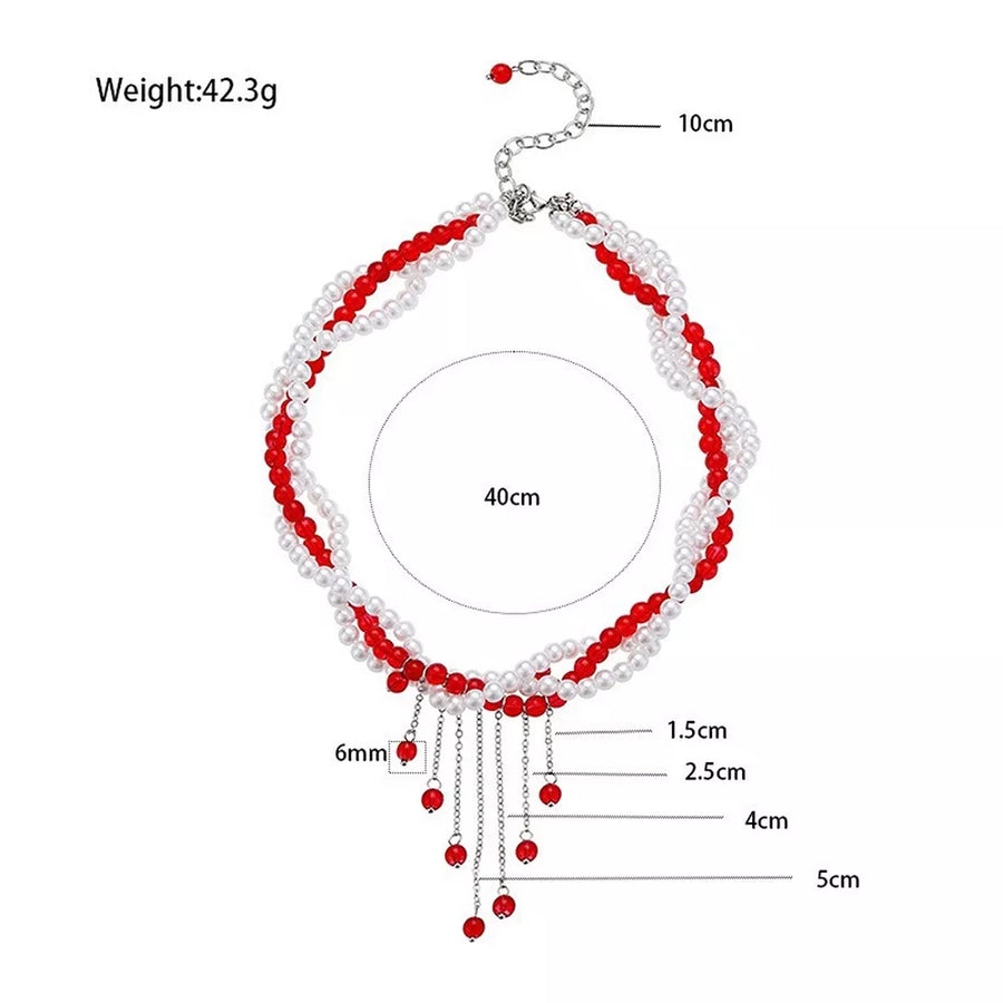 Twisted Bead Tassel Necklace in Red