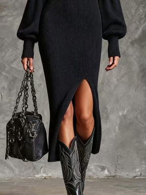 Black fitted sweater dress with mock neck