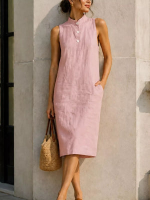 Orange Red Button Detail Sleeveless Midi Dress