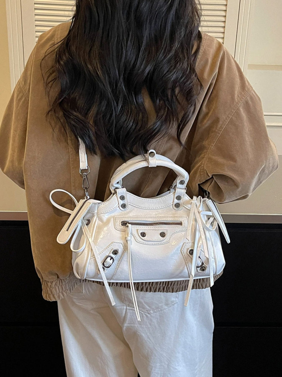 Tassel Leather Handbag Tote Bag in Off-white with tassels