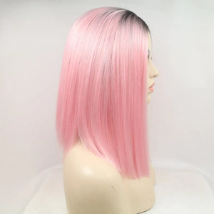 Ombre pink blunt cut wig with black roots, styled on a mannequin.