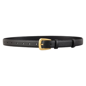 Skinny black leather belt with a gold buckle and multiple holes for adjustable fit.
