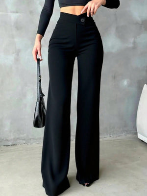 Black buttoned high-waist wide-leg trousers with a single button closure.