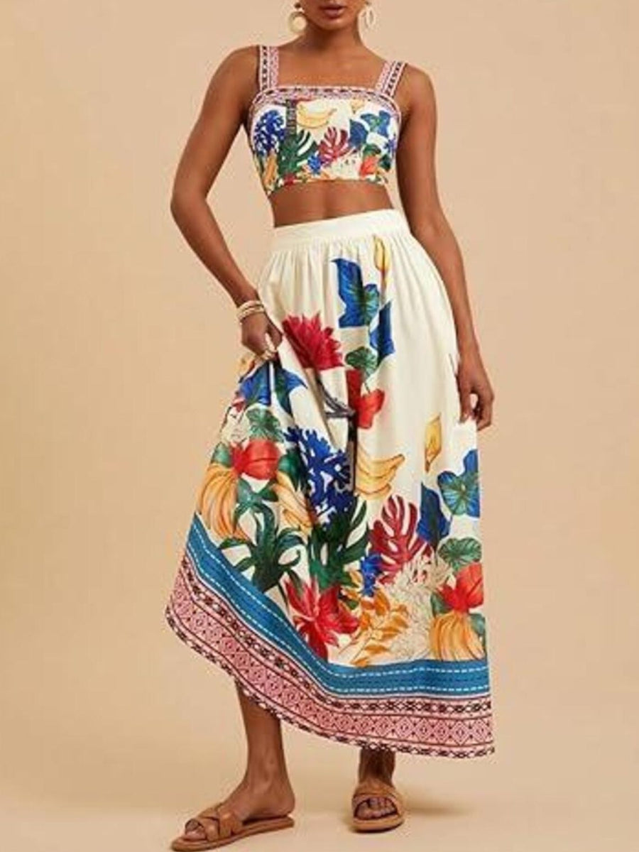Floral print crop top and maxi skirt set with a bohemian vibe.
