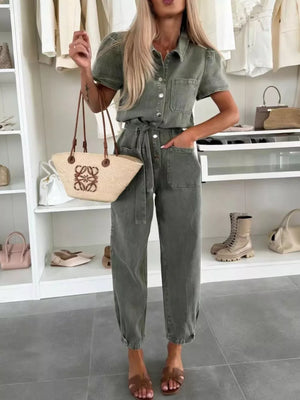light wash denim relaxed jumpsuit with collared