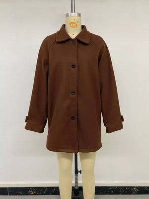 Single-breasted Raglan Sleeve Jacket in Coffee Brown with buttoned