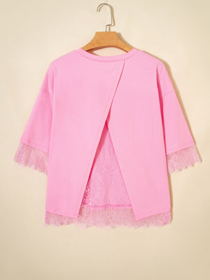 Pink cotton blend oversized tee with lace trim and open back detail.
