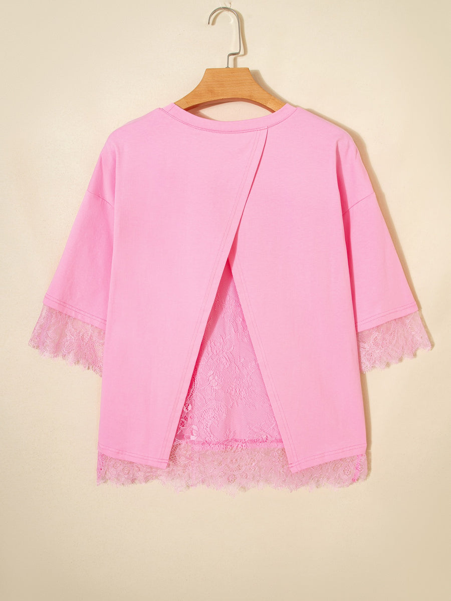 Pink cotton blend oversized tee with lace trim and open back detail.