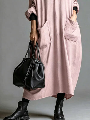 midi dress in dark brown with mock neck and long sleeve