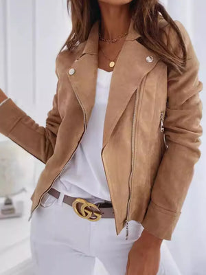 Khaki moto jacket with hip-length and zip-front