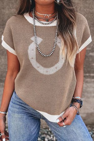 tan pullover sweater with graphic and crew neck