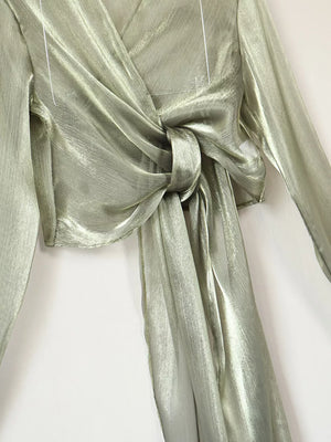 metallic olive green relaxed wrap top with v-neck