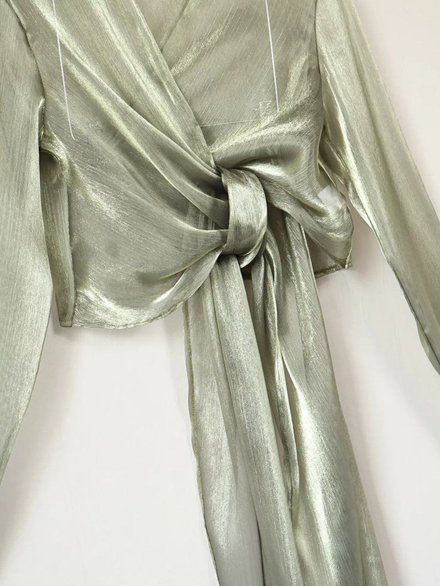 metallic olive green relaxed wrap top with v-neck