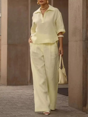 white relaxed matching set with collared v-neck