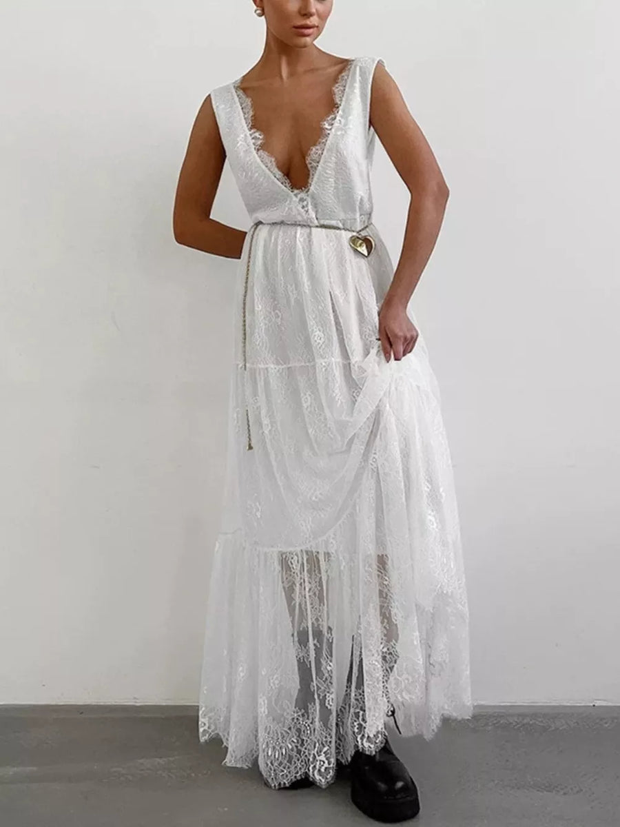 maxi dress in black with deep v-neck and sleeveless