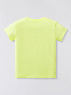 Toddler crew neck t-shirt in bright yellow cotton with a subtle graphic detail on the back.