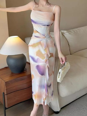Yellow with Abstract Watercolor Ruched Midi Dress