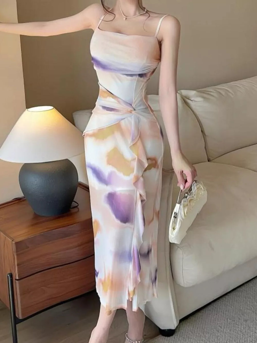 Yellow with Abstract Watercolor Ruched Midi Dress