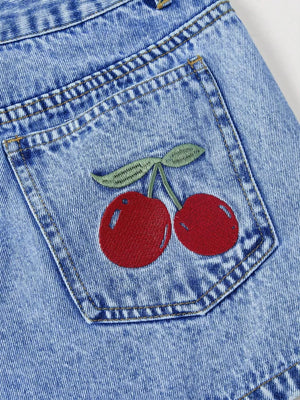 red denim shorts featuring pocketed and embroidered
