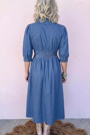 V Neck Shirred Waist Denim Midi Dress in this colorway