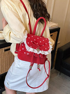 Polka Dot Lace Trim Mini Backpack in red with lace trim