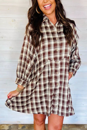 brown mini dress with plaid and collared