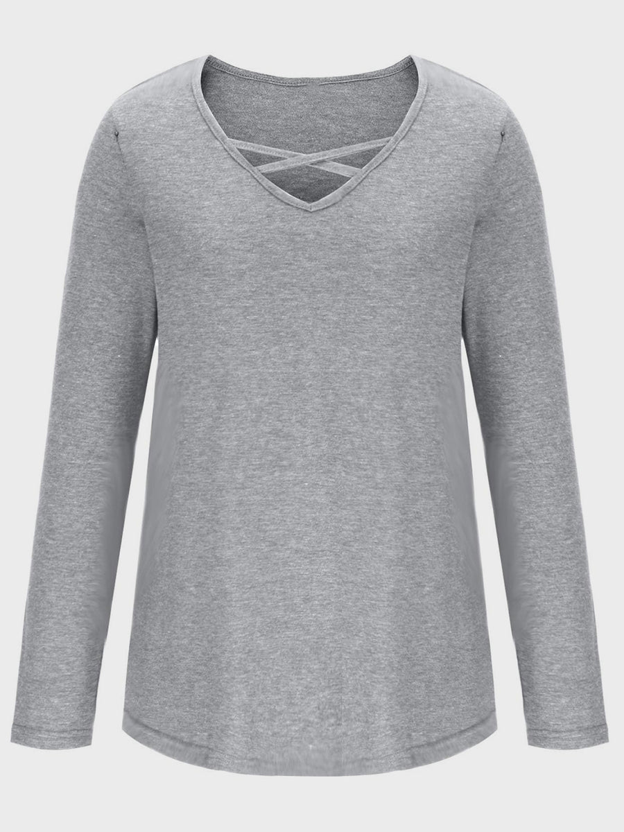 Light gray long sleeve t-shirt with crisscross lattice neckline detail