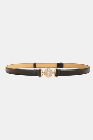 Black leather waist belt with crystal-embellished gold-tone buckle and adjustable strap.