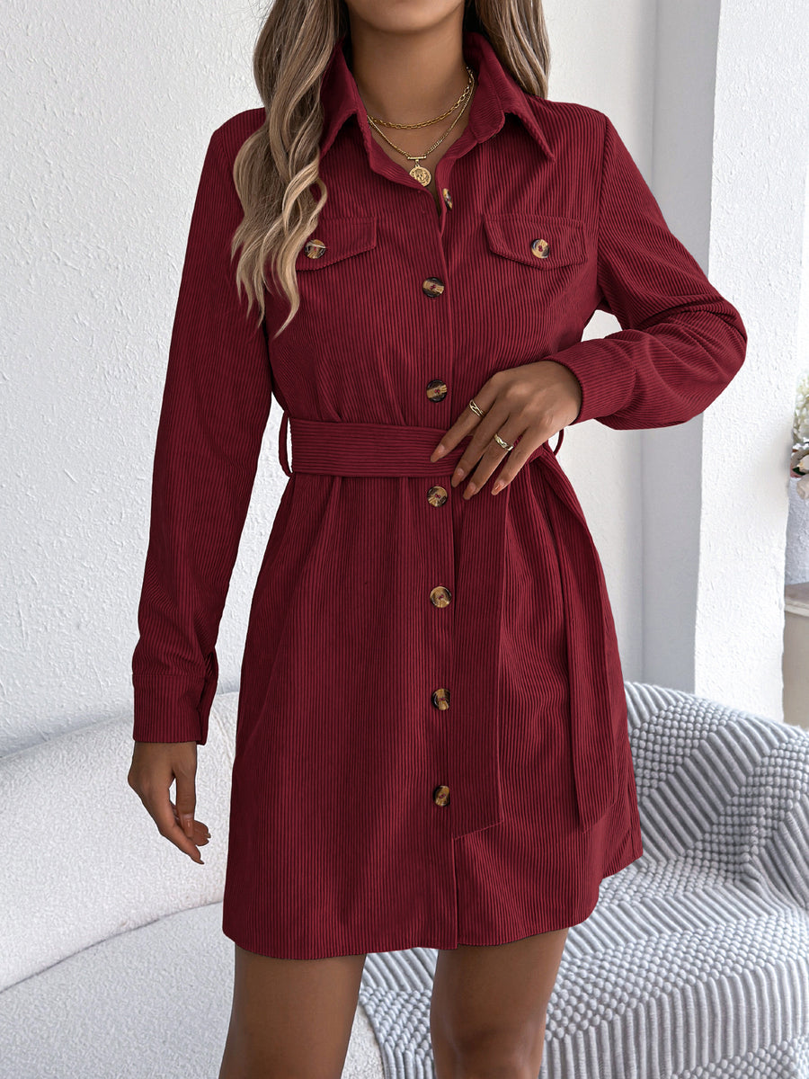 Corduroy Button-Down Shirt Dress in Black