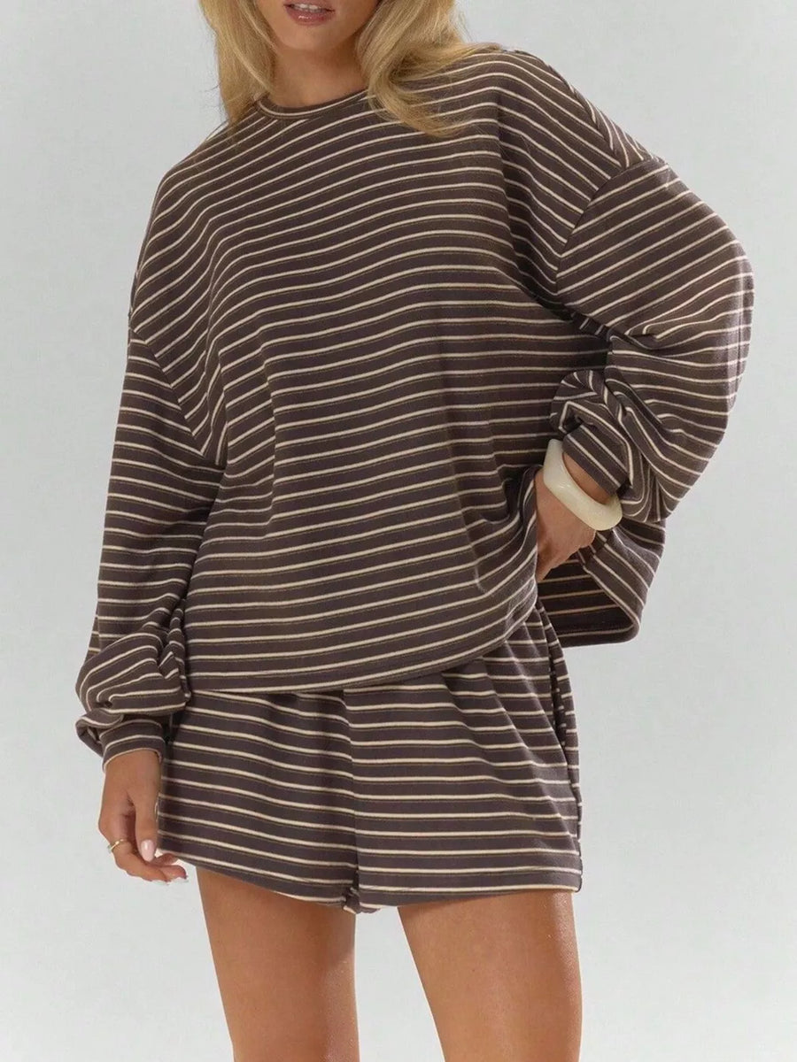 dark brown pajama set with striped and crew neck