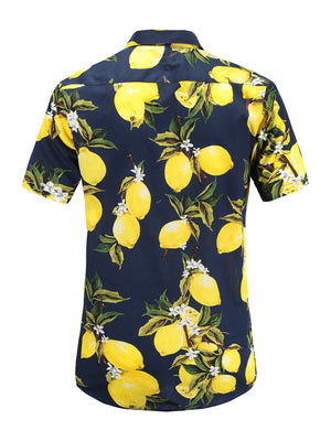 yellow button-down shirt featuring chest pocket and lemon-print