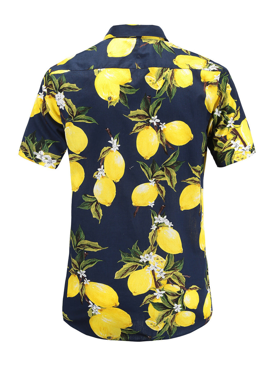 yellow button-down shirt featuring chest pocket and lemon-print