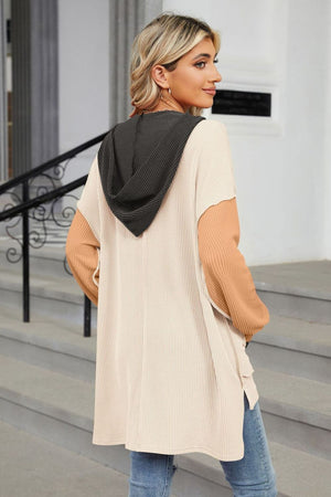 Cream waffle knit hooded tunic with contrast sleeves