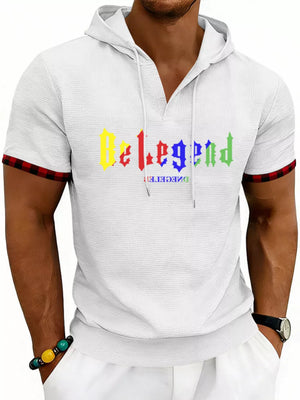White Men's Full Size Letter Graphic Short Sleeve Hooded Top