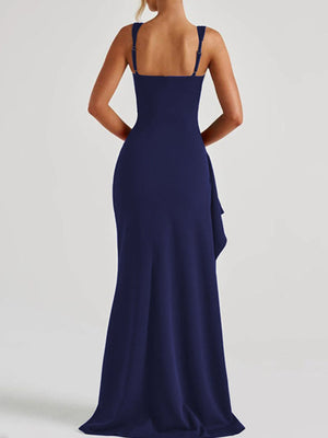 Slit Square Neck Maxi Dress in Brown with ruched