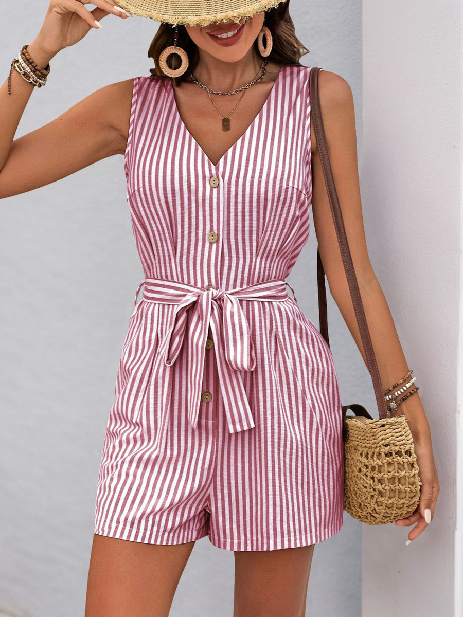 Pink striped button-front romper with V-neck, sleeveless design, and tie waist.