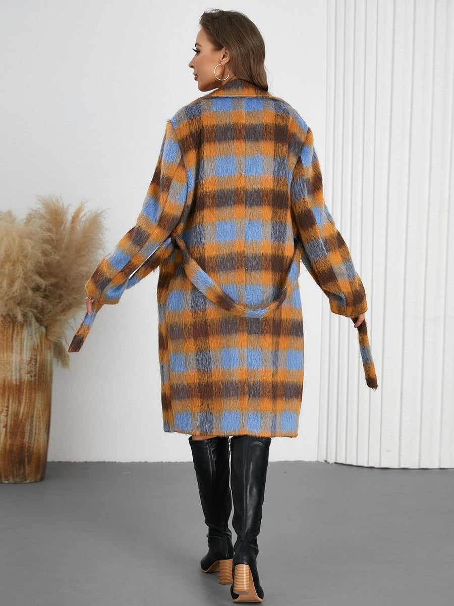 Belted bouclé overcoat with plaid pattern in brown and blue, featuring a tie waist.