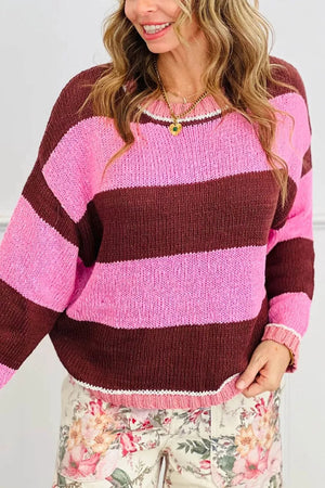 hot pink pullover sweater with striped and crew neck