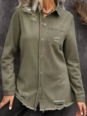 Army Green denim jacket with hip-length and button-front