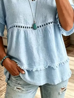 Eyelet V-neck Frayed Edge T-shirt in Ivory with eyelet