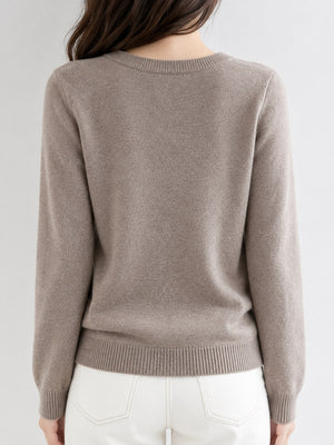 Button-Down Crew-Neck Ribbed Long-Sleeve Top in Denim Blue with buttoned
