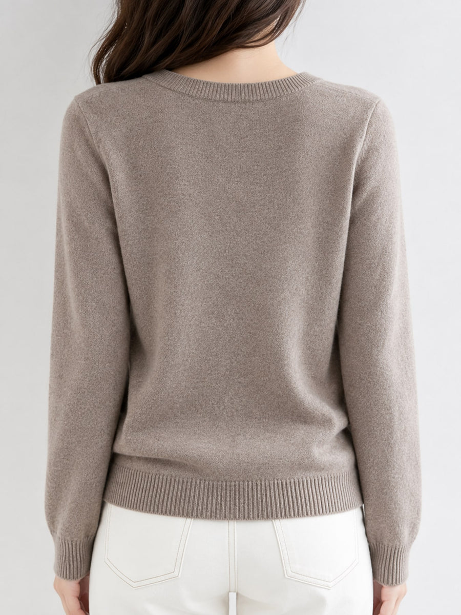 Button-Down Crew-Neck Ribbed Long-Sleeve Top in Denim Blue with buttoned