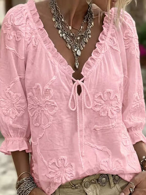 light blue blouse with ruffled and 3/4 sleeve
