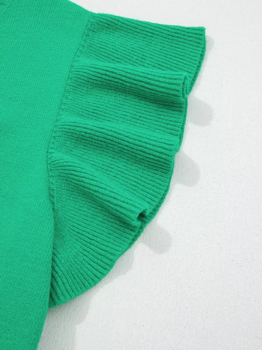 Green ribbed knit top with ruffled short sleeves and round neck.