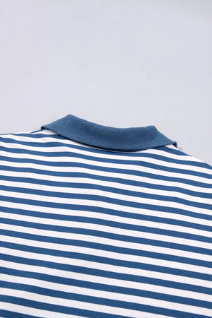 Stripe Color Block Trim Raw Seam Sweatshirt in Dusty Blue with buttoned placket