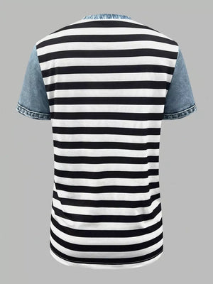 Denim patchwork blouse with black and white stripes and short sleeves.