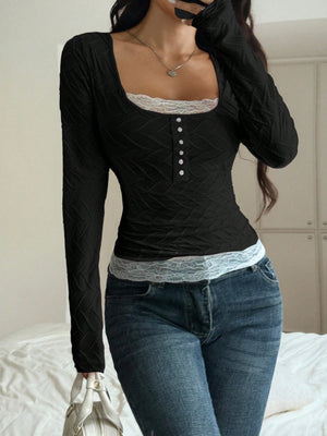 blush pink t-shirt with buttoned placket and long sleeve