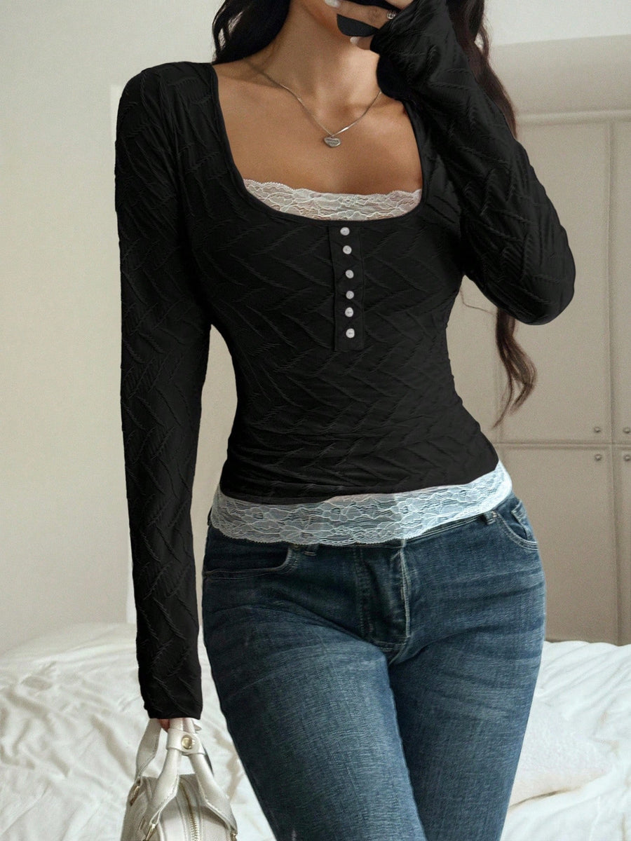blush pink t-shirt with buttoned placket and long sleeve